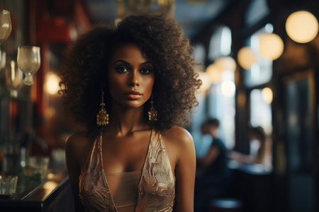 Elegant and glamorous African American woman in evening dress posing in a restaurant.の素材