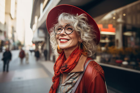 Happy senior stylish woman shopper walking on shopping street, middle aged Caucasian lady wearing hat and glasses looking away outdoors.の素材
