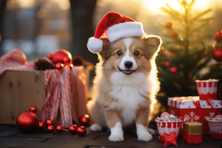 Funny cute pet and Christmas holiday, Corgi dog in red Santa Claus hat and New Year's gifts outdoors on a sunny winter day.の素材