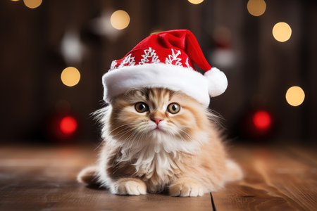 Fluffy cute little Christmas kitten in a red Santa Claus hat lying on the floor against background of a decorated xmas tree, indoors.の素材