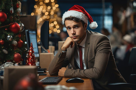 Work during Xmas holidays. Sad upset male office worker in red santa hat sitting at workplace and looking at camera, overtime.の素材