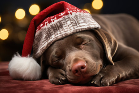 Cute sleeping Labrador puppy in a red Christmas hat.の素材