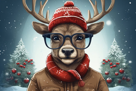 Portrait of a Christmas deer with antlers, animal wearing glasses and a knitted red hat and scarf in a winter snowy forest.の素材