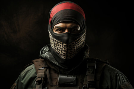 Portrait front view of a Palestinian soldier in a red-green mask looking at the camera.の素材