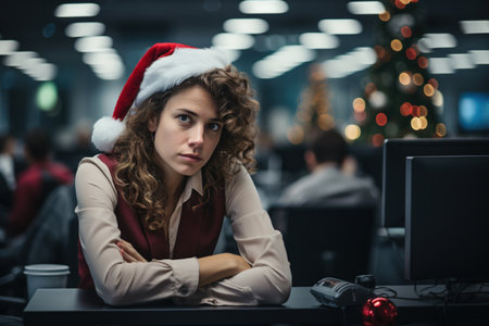 Sad upset female office worker in red santa hat sitting at workplace waiting, overtime.の素材
