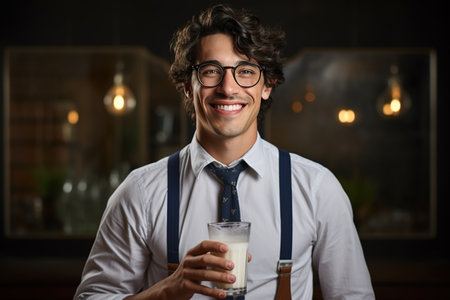 Portrait of a cheerful smiling young Caucasian man holding a glass of milk and looking at the camera.の素材