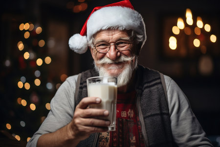 Positive man senior in a red santa hat holding a glass of milk indoors against background of a Christmas tree. Dry January or sober Xmas holiday concept.の素材