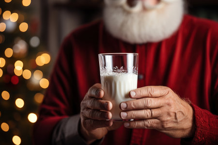 Dry January or sober Xmas holiday concept. Close-up of a senior man in a red jacket and with a beard holding a glass of milk indoors.の素材