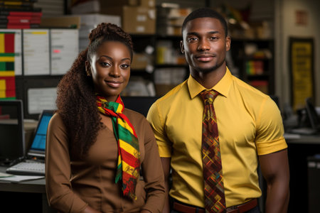 Portrait of coworker African American young woman and man together at workplace.の素材