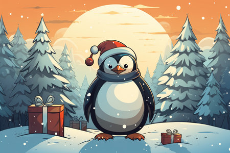 Xmas penguin, a cute animal in a red knitted hat and scarf standing with gifts in the winter forest.の素材