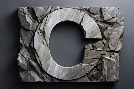 Stone letter C alphabet in rock on a gray background. Natural typography logotype minimalism.の素材