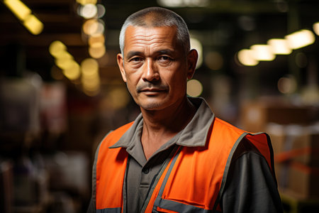 Portrait of a migrant loader or logistician at the workplace, adult male warehouse worker in overalls.の素材