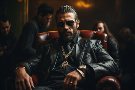 Gangsters mafia, gypsy baron sitting in a chair indoors. Italian boss in a leather jacket and glasses.の素材