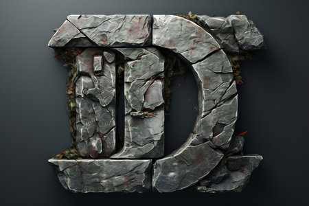 Stone letter D alphabet in rock on a gray background. Natural typography logotype minimalism.の素材