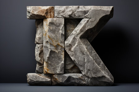 Stone letter K alphabet standing on a dark background. Sign natural font typography concept.の素材
