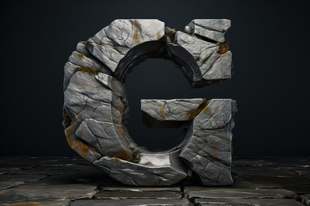 Stone cracked letter G standing on a gray background. Natural typography logotype minimalism.の素材