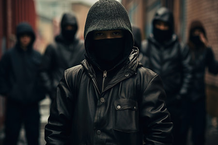 Criminal, youth crime concept. Unrecognizable guy in a balaclava and leather jacket standing against background of group of bandits.の素材
