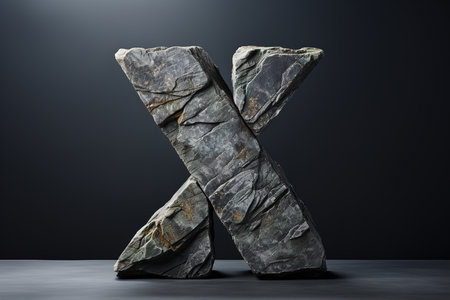 Stone rough letter X standing on a gray background. Typography, natural font alphabet.の素材