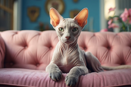 Elegant arrogant calm Sphynx cat resting on a pink sofa indoors.の素材