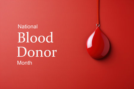January national blood donor month concept. Pendant drop of blood and text on a red background, poster.の素材