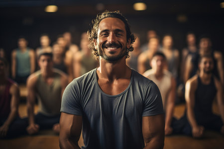 Group meditation and yoga. Portrait of happy handsome adult male coach practicing workout in gym.の素材