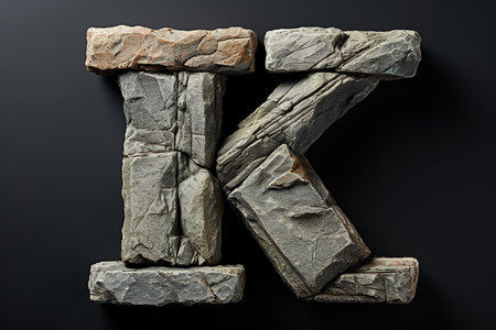 Stone rough letter K alphabet on a dark background. Sign natural font typography concept.の素材