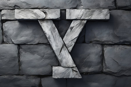 Stone letter Y on a gray background. Typography, natural font alphabet.の素材