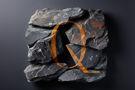 Letter Q on stone, rough natural alphabet logo.の素材