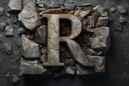 Rough stone letter R alphabet on a cracked destroyed background. Sign natural font typography concept.の素材