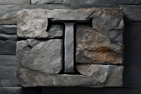 The letter T in stone against a background of cobblestones. Rough natural font alphabet.の素材