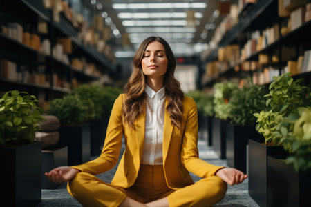 Successful calm business woman in a yellow suit meditating while sitting in lotus position with eyes closed indoors. Relaxation, zen and mental health concept.の素材