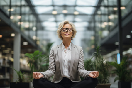 Stress resistance, relaxation, meditation concept. Calm adult business woman meditating in office hallway, front view of female manager practicing yoga at work.の素材