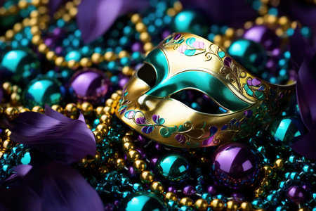 Mardi Gras carnival mask lying on decorations, traditional masquerade.の素材