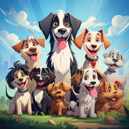 Cute humorous dogs, a group of colorful pets in nature. Cartoon animal illustration.の素材