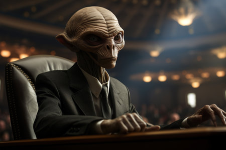Humanoid politician in a suit indoors. Humor, conspiracy theory.の素材