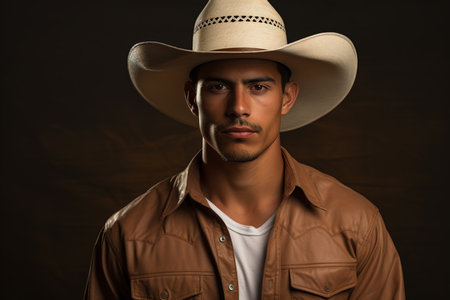 Portrait of a Mexican young man in a traditional suit and hat looking at the camera.の素材