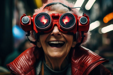 New technologies and people senior. Positive laughing elderly woman using VR glasses, virtual reality helmet.の素材