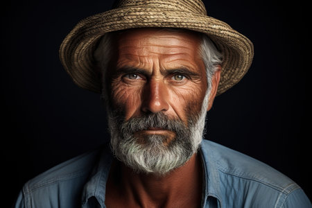 Portrait of a Brazilian serious tanned man in a hat looking at camera, male ethnic shot.の素材