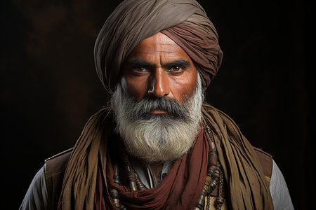 Portrait of a Punjabi senior wrinkled man in traditional costume looking at the camera.の素材