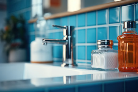 Bathroom sink, modern blue design. Close-up, selective focus on hygiene bottles.の素材