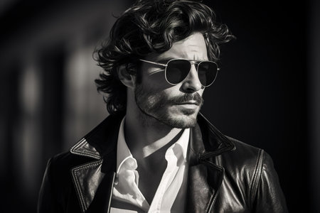 Portrait of a stylish handsome man with hairstyle and sunglasses outdoors, male model on street. Retro monochrome image.の素材