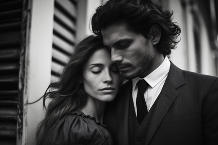 Monochrome melancholy stylish portrait of a couple in love. Beautiful married family, husband and wife together outdoors.の素材