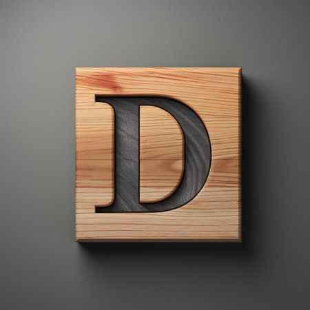 Letter D carved in wood, alphabet minimalism design. Typography, logo on a gray background.の素材