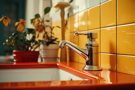 Kitchen tile design, close-up of faucet and sink on a sunny day.の素材