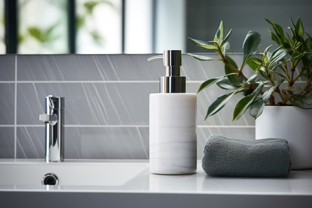 Front view of sink and chrome faucet. Bathroom design, mirror, plant, towel. Close-up, selective focus on the bottle.の素材