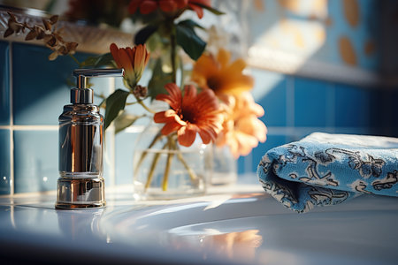 Close-up bathroom design, flowers near the sink on a sunny morning.の素材
