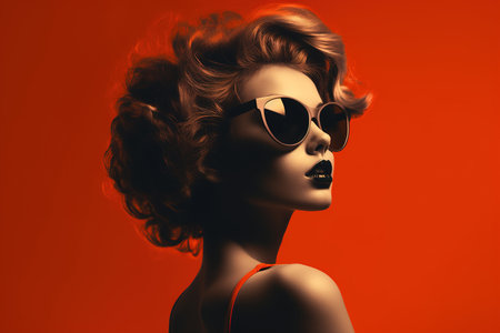 Beauty female portrait of a duotone, a beautiful stylish woman with a short hairstyle and glasses on a red background.の素材