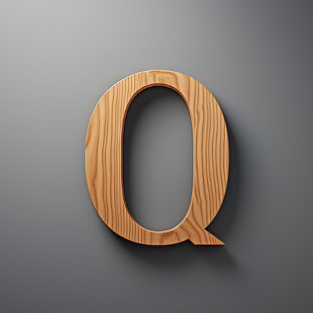Wooden letter Q, alphabet minimalism design. Typography, logo on a gray background.の素材