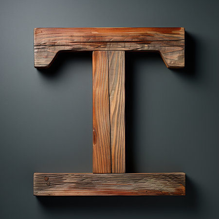 Wooden letter T, alphabet natural minimalism design. Typography, logo on a gray background.の素材
