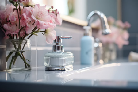 Bathroom, sink with faucet, pastel palette. Close-up of flowers and jar, selective focus, side view.の素材